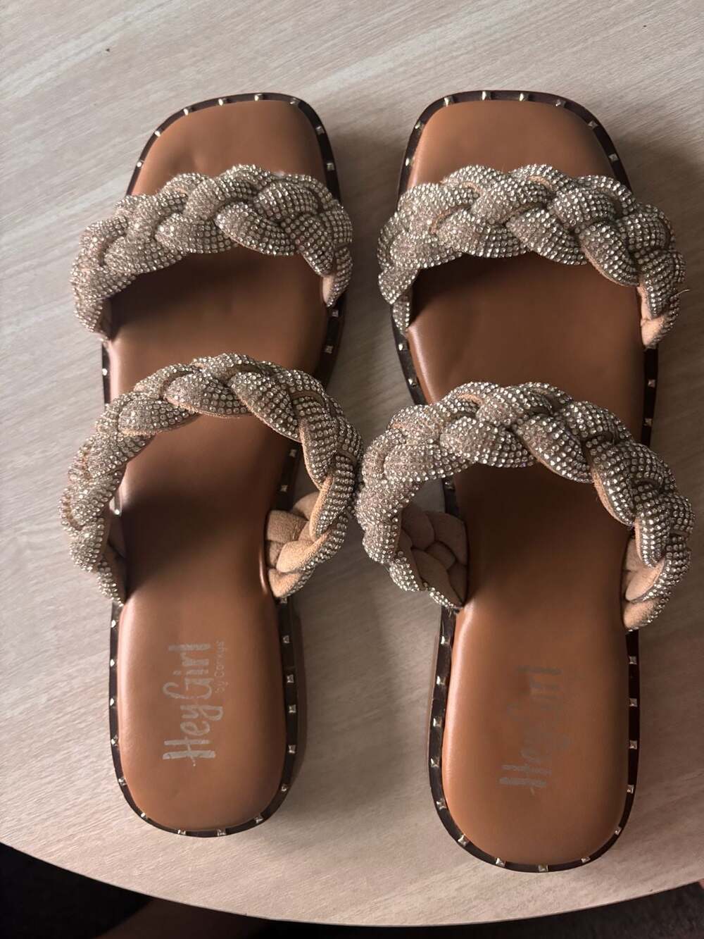 HeyGirl by Corkys Braided Rhinestone Slide Sandal, Silver Multi, Size 10